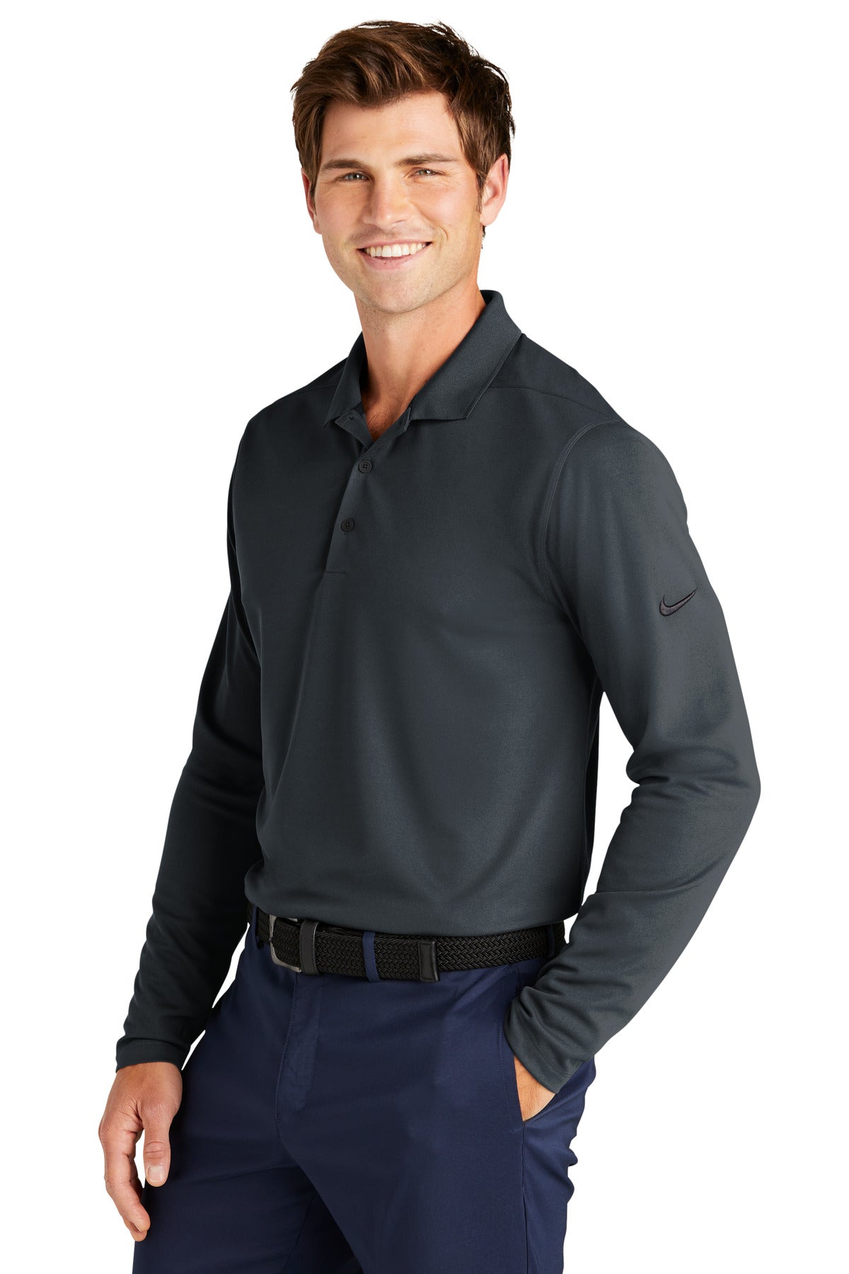 Anthracite Nike Dri-FIT Micro Pique 2.0 Long Sleeve Polo NKDC2104 plain