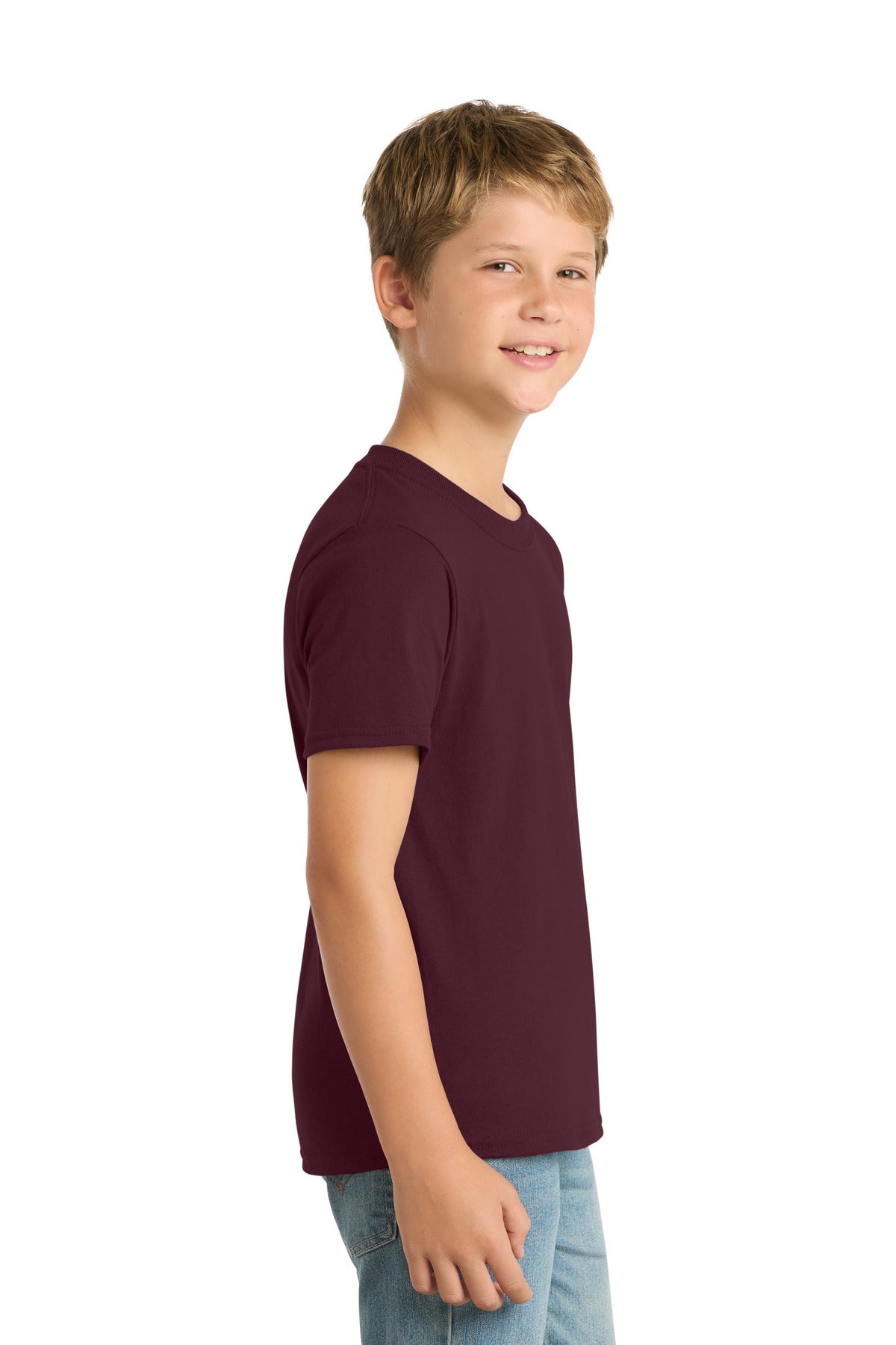 Athletic Mroon Port & Co Youth Core Blend Tee. PC55Y plain
