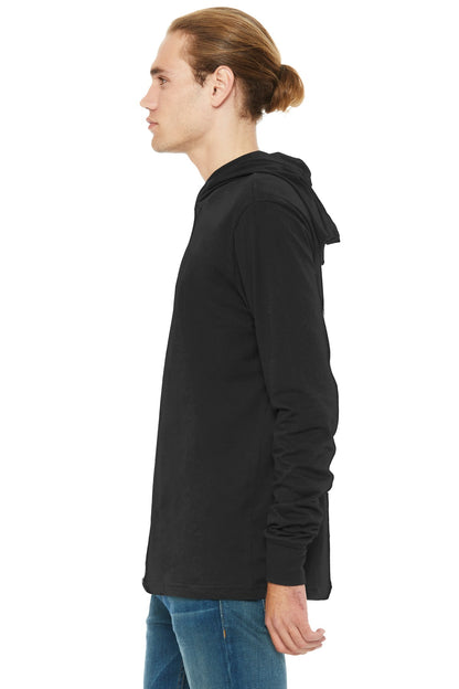 Black BELLA+CANVAS Unisex Jersey Long Sleeve Hoodie. BC3512 plain