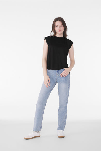 Black BELLA+CANVAS Women's Flowy Muscle Tee with Rolled Cuffs BC8804