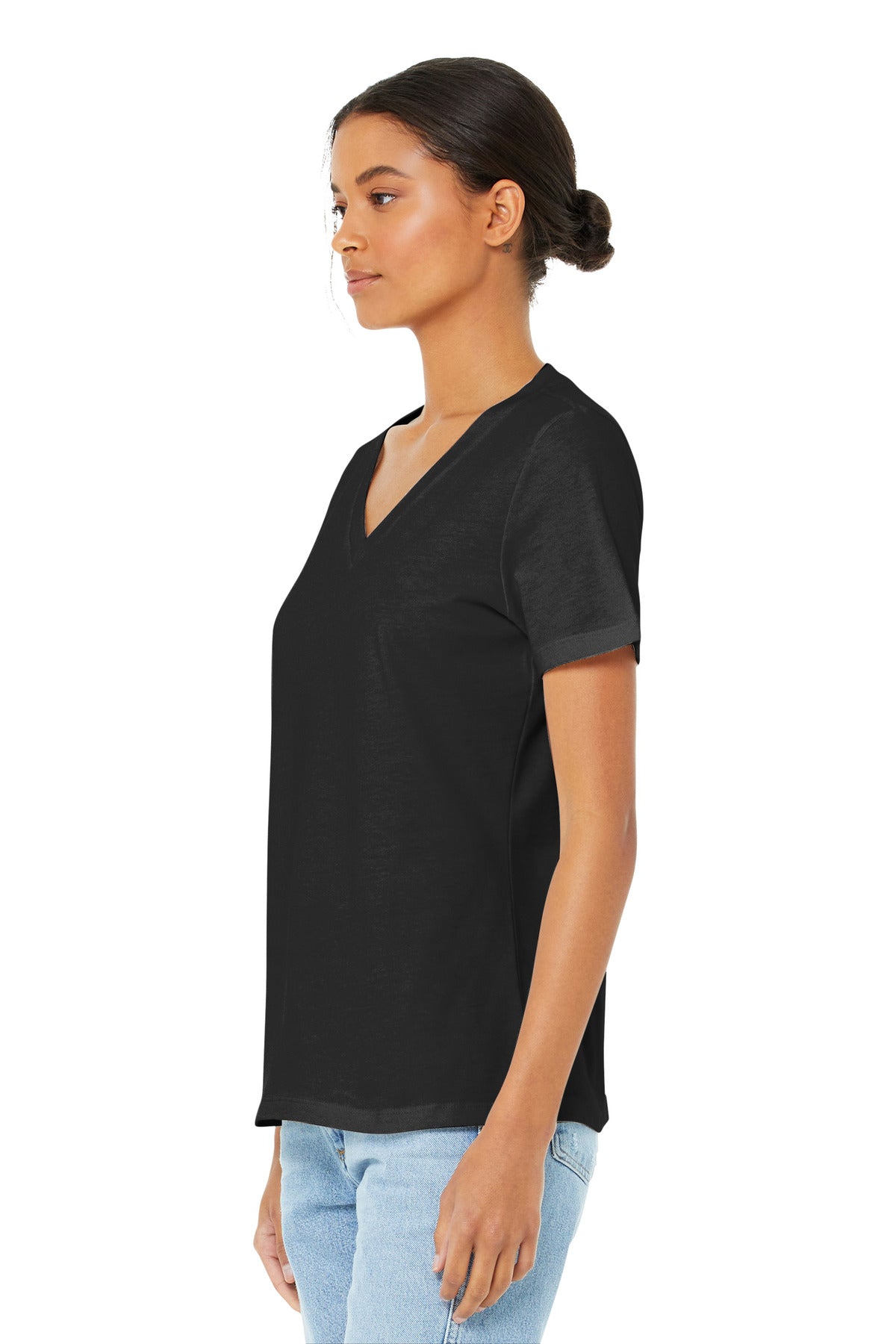 Black BELLA+CANVAS Women's Relaxed Jersey Short Sleeve V-Neck Tee. BC6405 plain