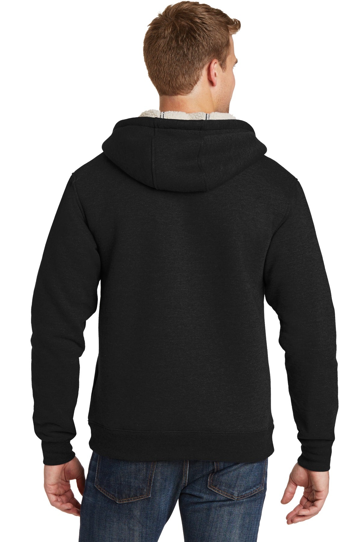 Black CornerStone Heavyweight Sherpa-Lined Hooded Fleece Jacket. CS625 plain