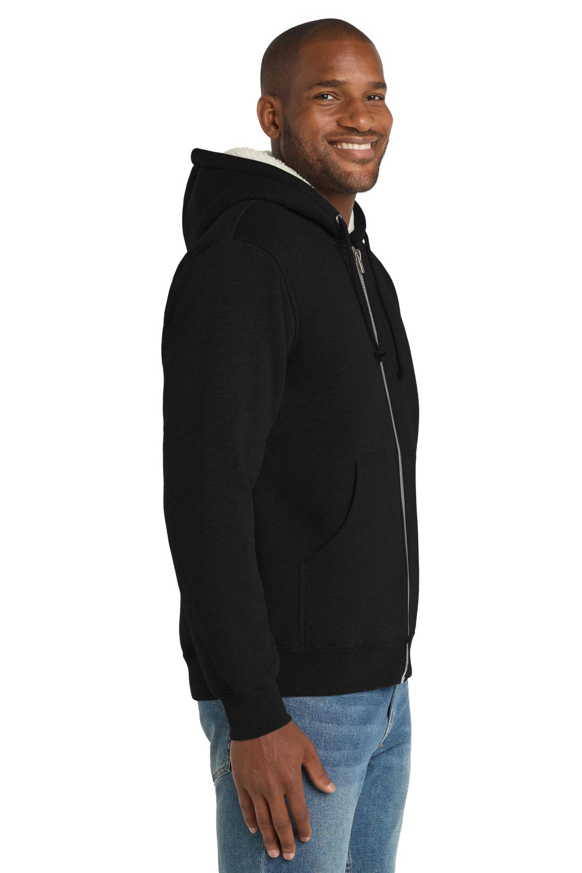 Black CornerStone Heavyweight Sherpa-Lined Hooded Fleece Jacket. CS625 plain