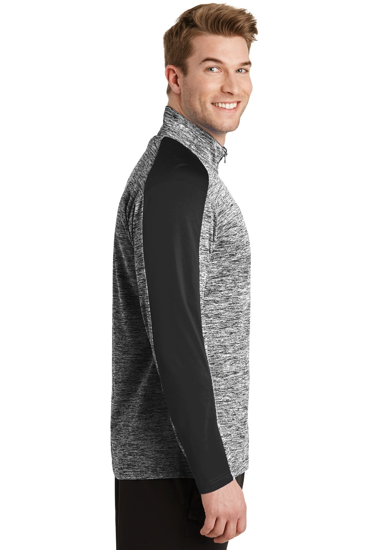 Black El/Black Sport-Tek PosiCharge Electric Heather Colorblock 1/4-Zip Pullover. ST397 plain