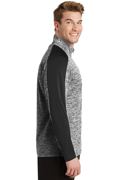 Black El/Black Sport-Tek PosiCharge Electric Heather Colorblock 1/4-Zip Pullover. ST397 plain