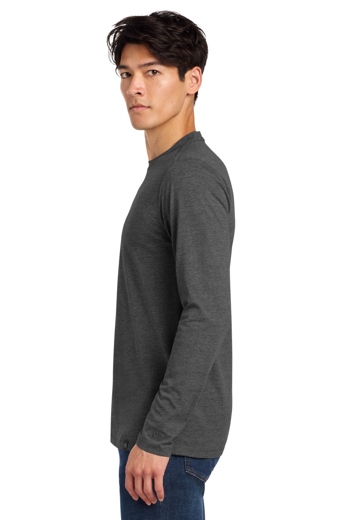 Black Heather New Era Heritage Blend Long Sleeve Crew Tee. NEA102 plain