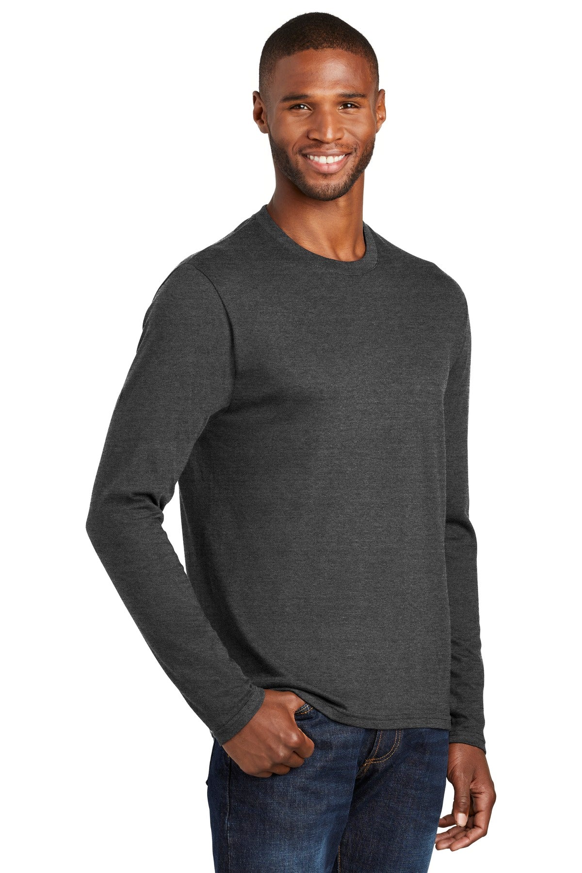 Black Hthr Port & Co Long Sleeve Fan Favorite Blend Tee. PC455LS plain