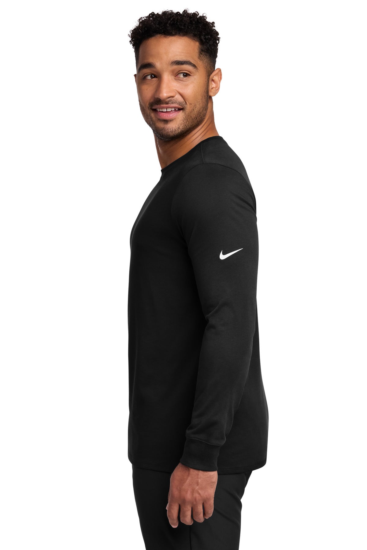 Black Nike Dri-FIT Cotton/Poly Long Sleeve Tee. NKBQ5230 plain