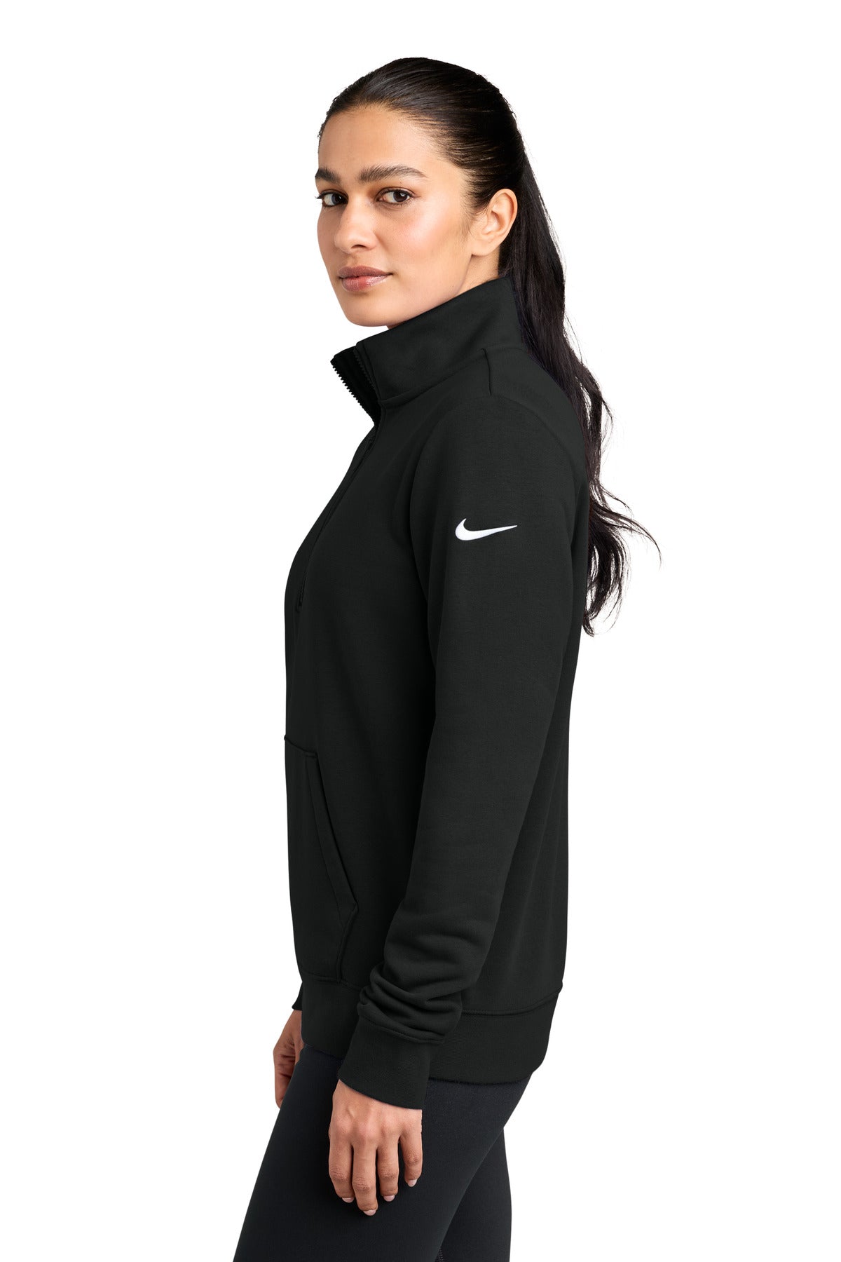 Black Nike Women's Club Fleece Sleeve Swoosh 1/2-Zip NKDX6720 plain