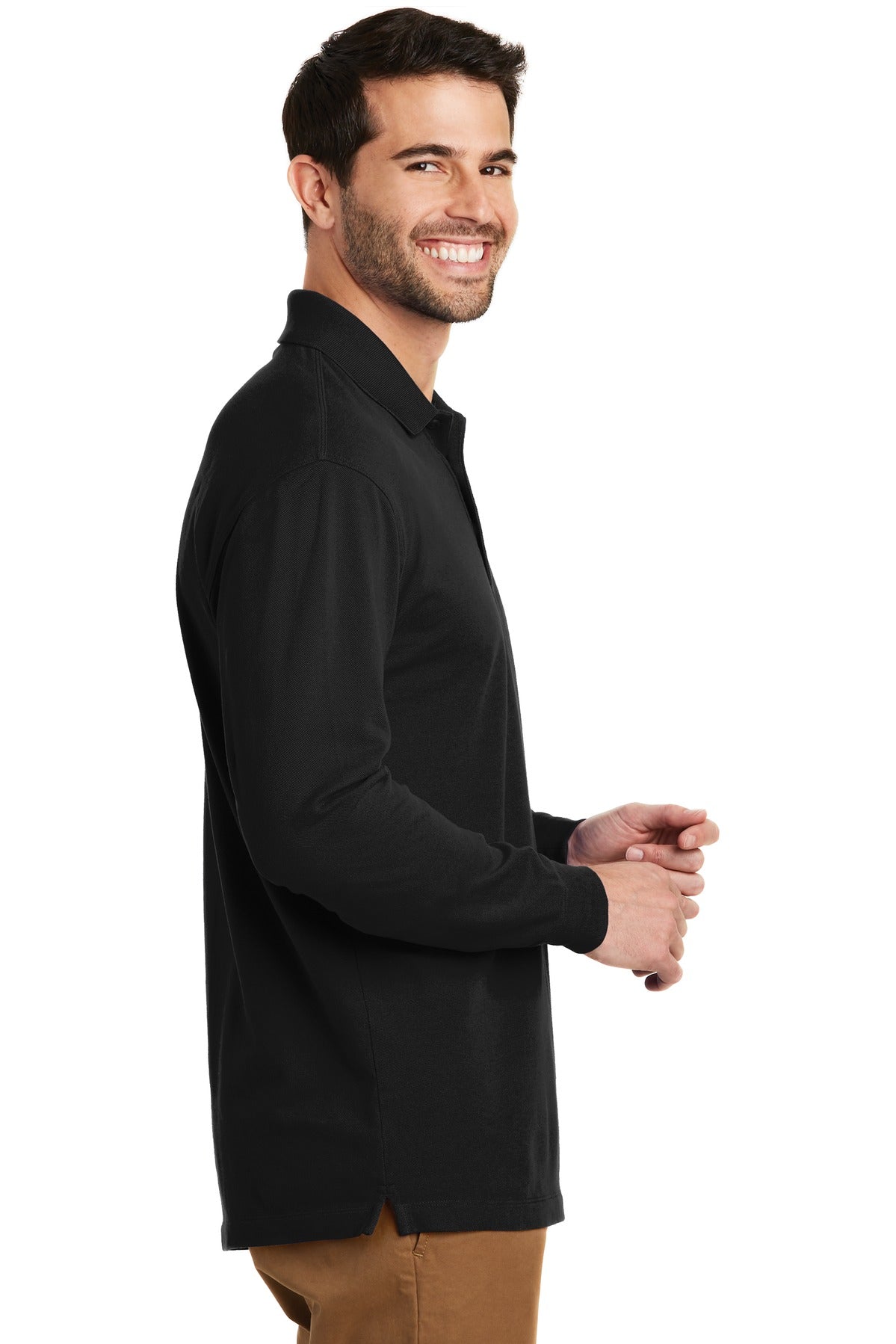 Black Port Authority EZCotton Long Sleeve Polo. K8000LS plain