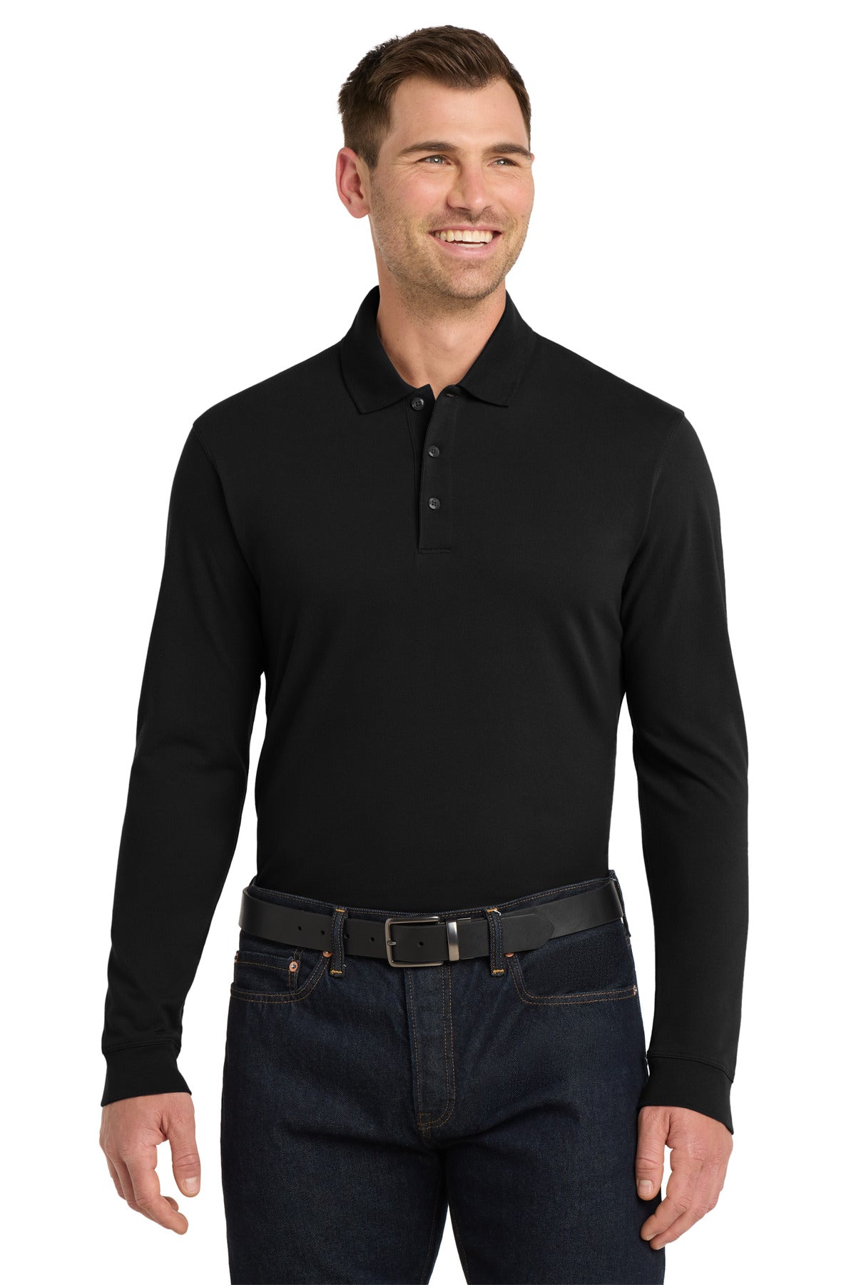 Black Port Authority EZCotton Long Sleeve Polo. K8000LS plain