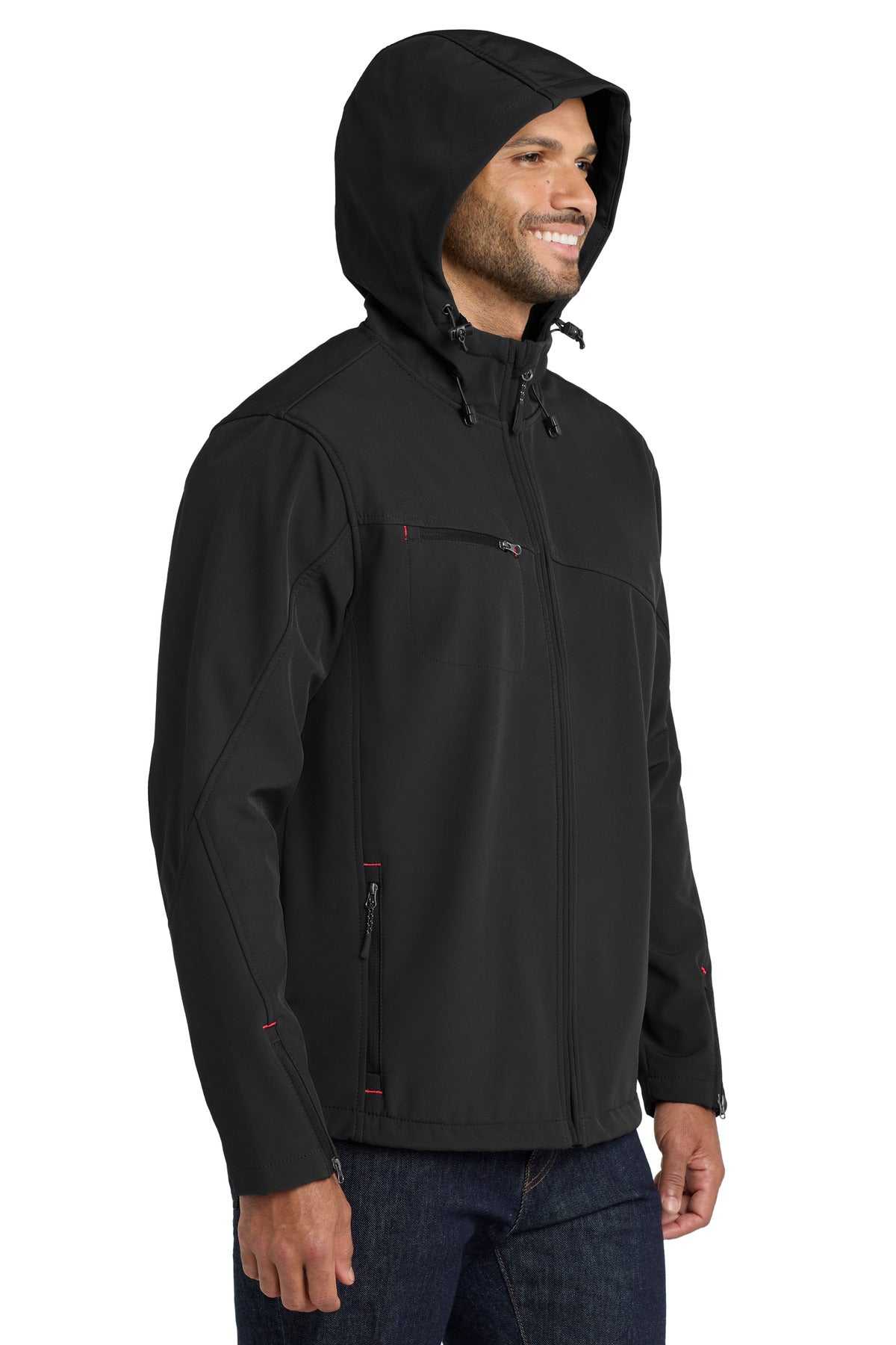 Black Port Authority Textured Hooded Soft Shell Jacket. J706 plain