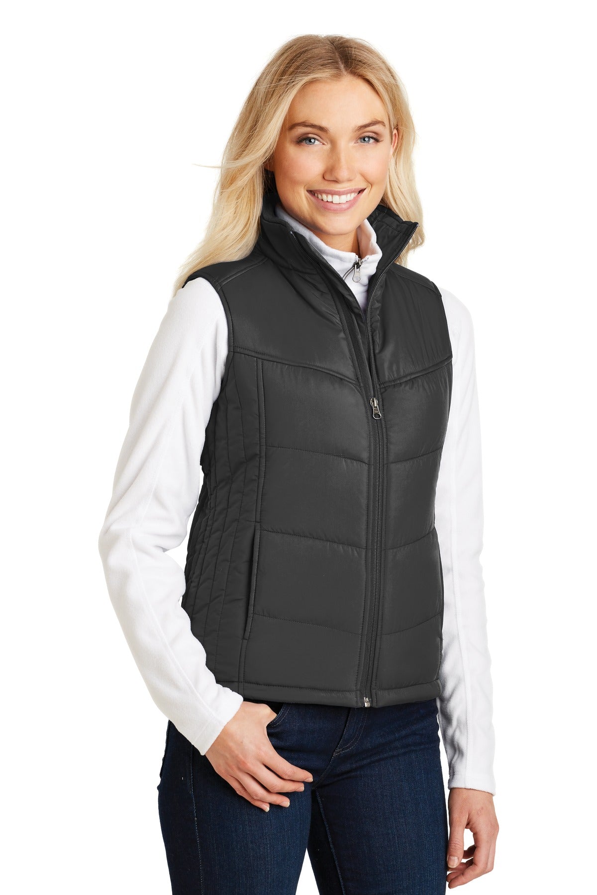 Black Port Authority Women's Puffy Vest. L709 plain