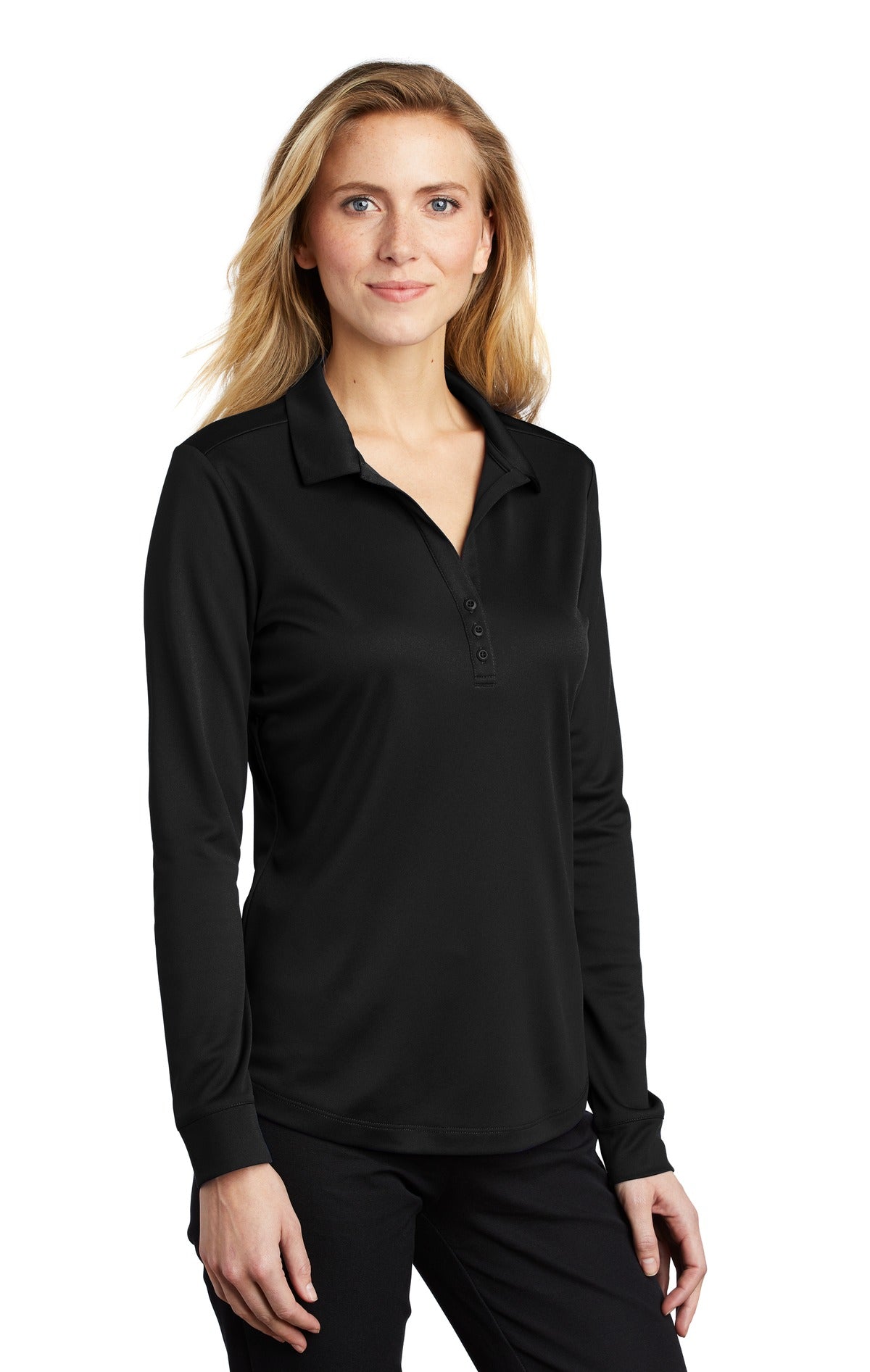 Black Port Authority Women's Silk Touch Performance Long Sleeve Polo. L540LS plain