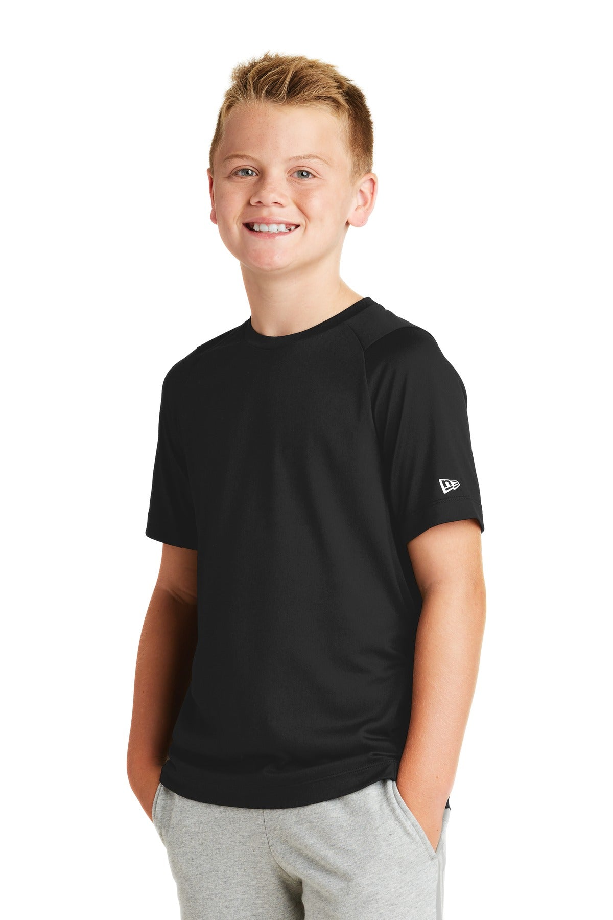 Black Solid New Era Youth Series Performance Crew Tee. YNEA200 plain