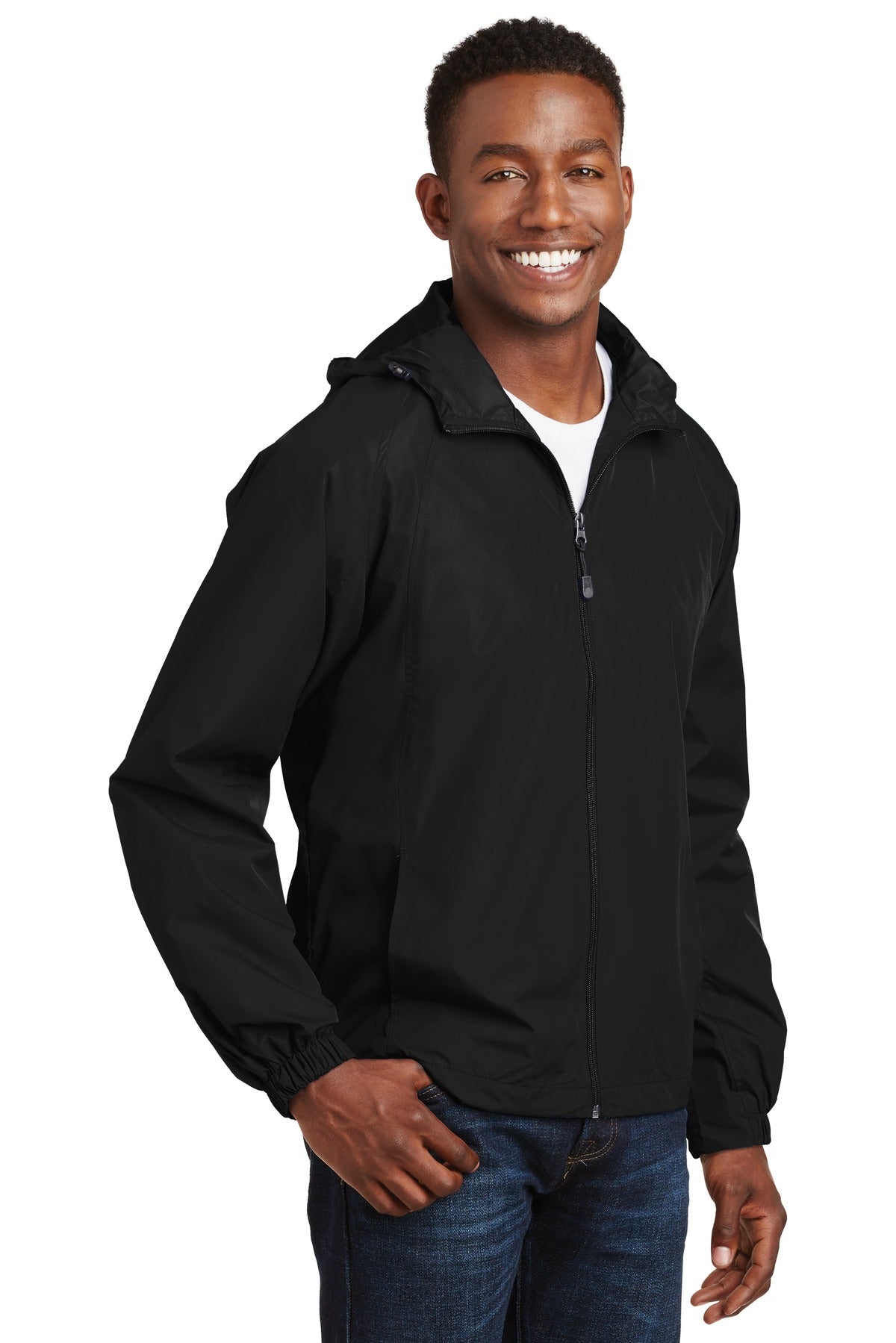 Black Sport-Tek Hooded Raglan Jacket. JST73 plain