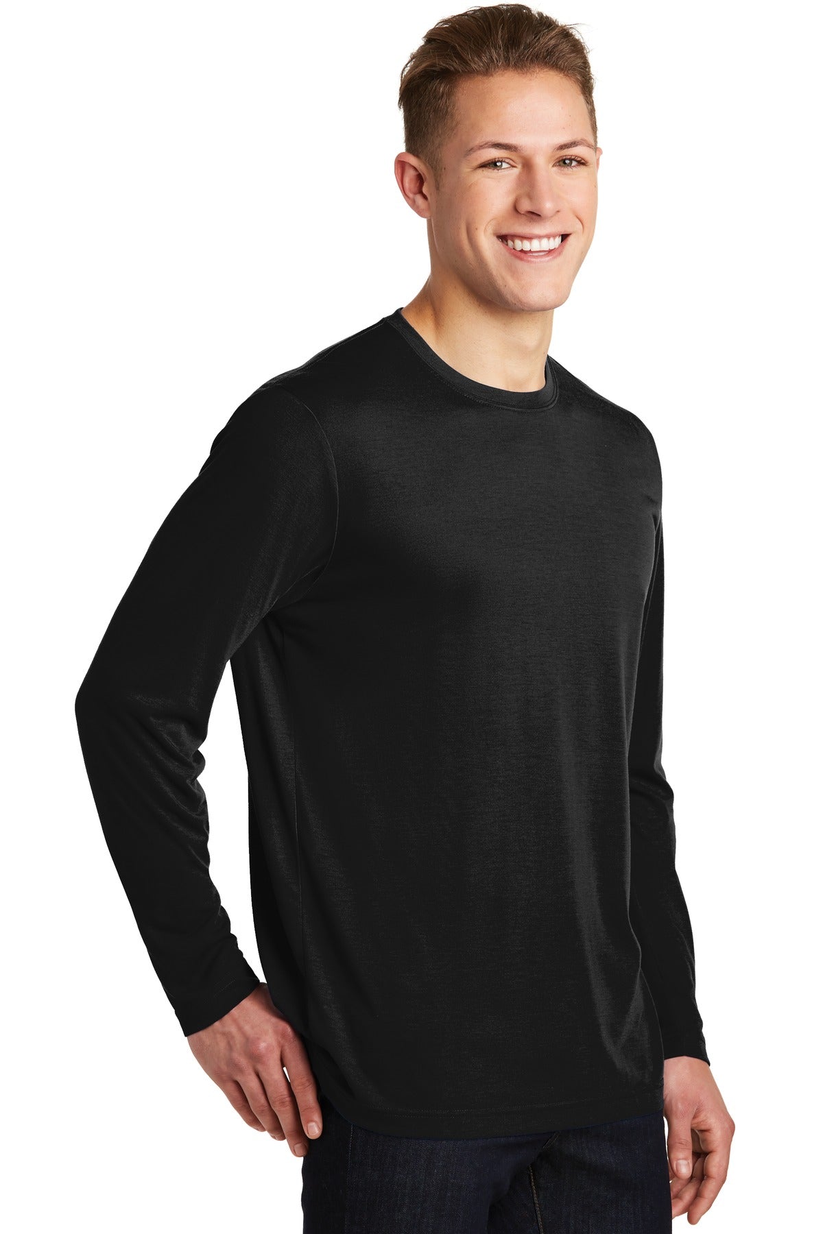 Black Sport-Tek Long Sleeve PosiCharge Competitor Cotton Touch Tee. ST450LS plain