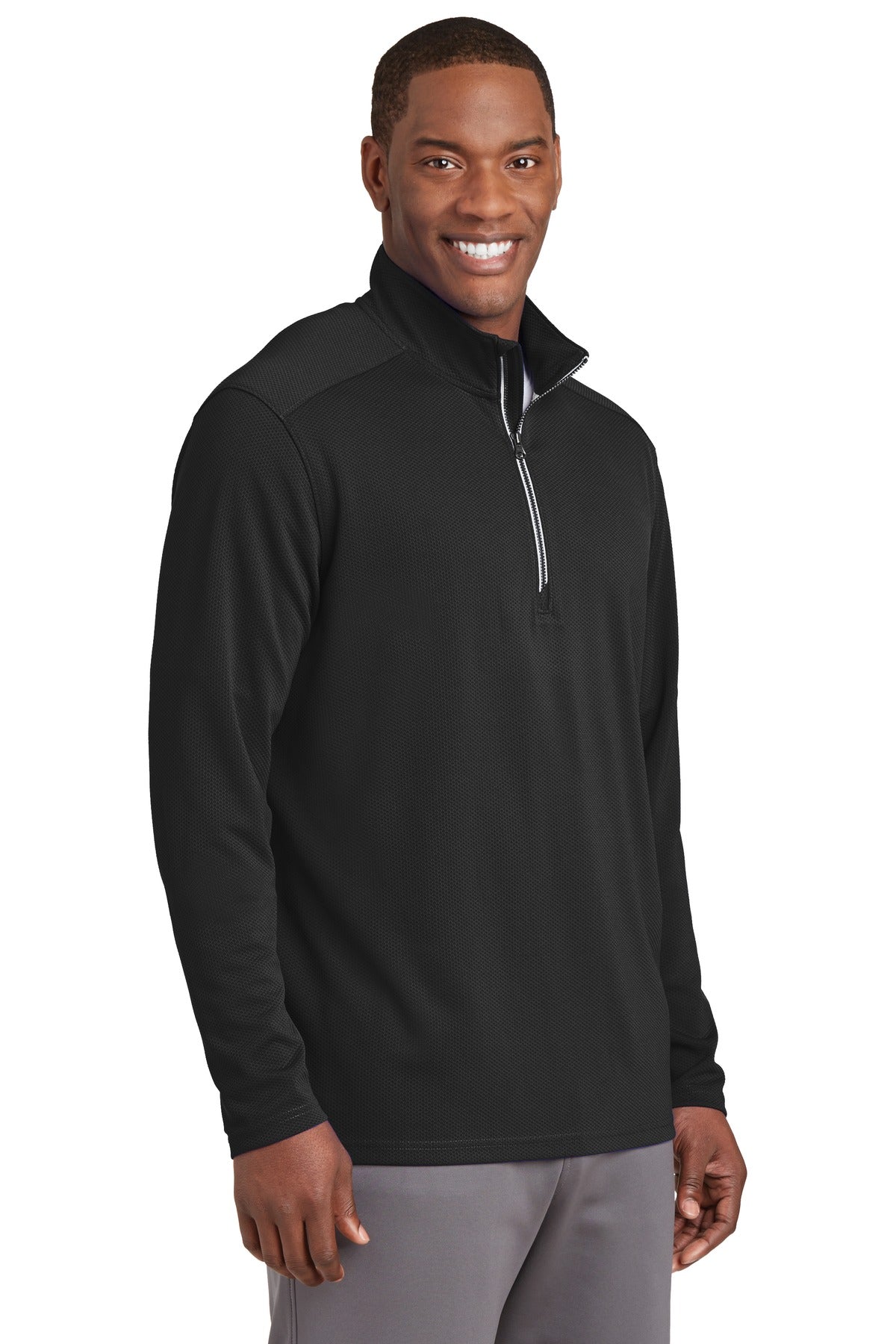 Black Sport-Tek Sport-Wick Textured 1/4-Zip Pullover. ST860 plain