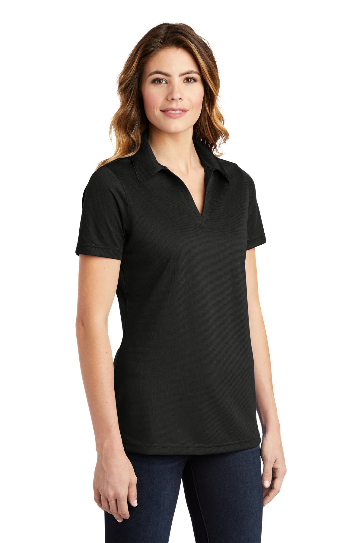 Black Sport-Tek Women's PosiCharge Active Textured Polo. LST690 plain