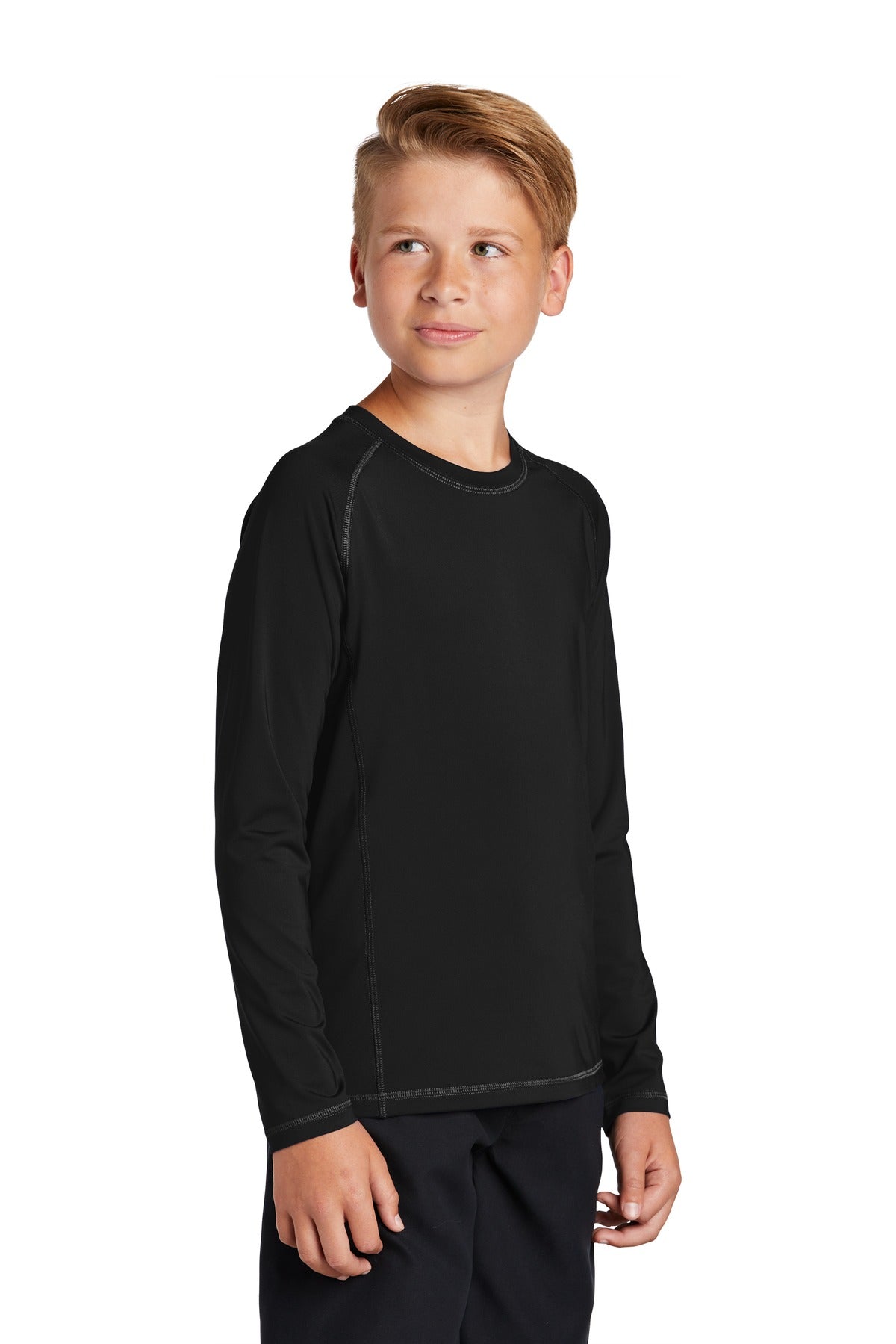 Black Sport-Tek Youth Long Sleeve Rashguard Tee. YST470LS plain