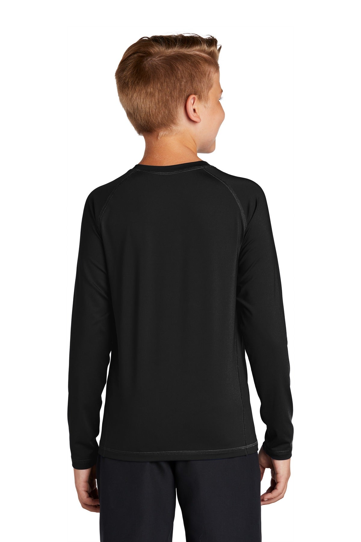 Black Sport-Tek Youth Long Sleeve Rashguard Tee. YST470LS plain