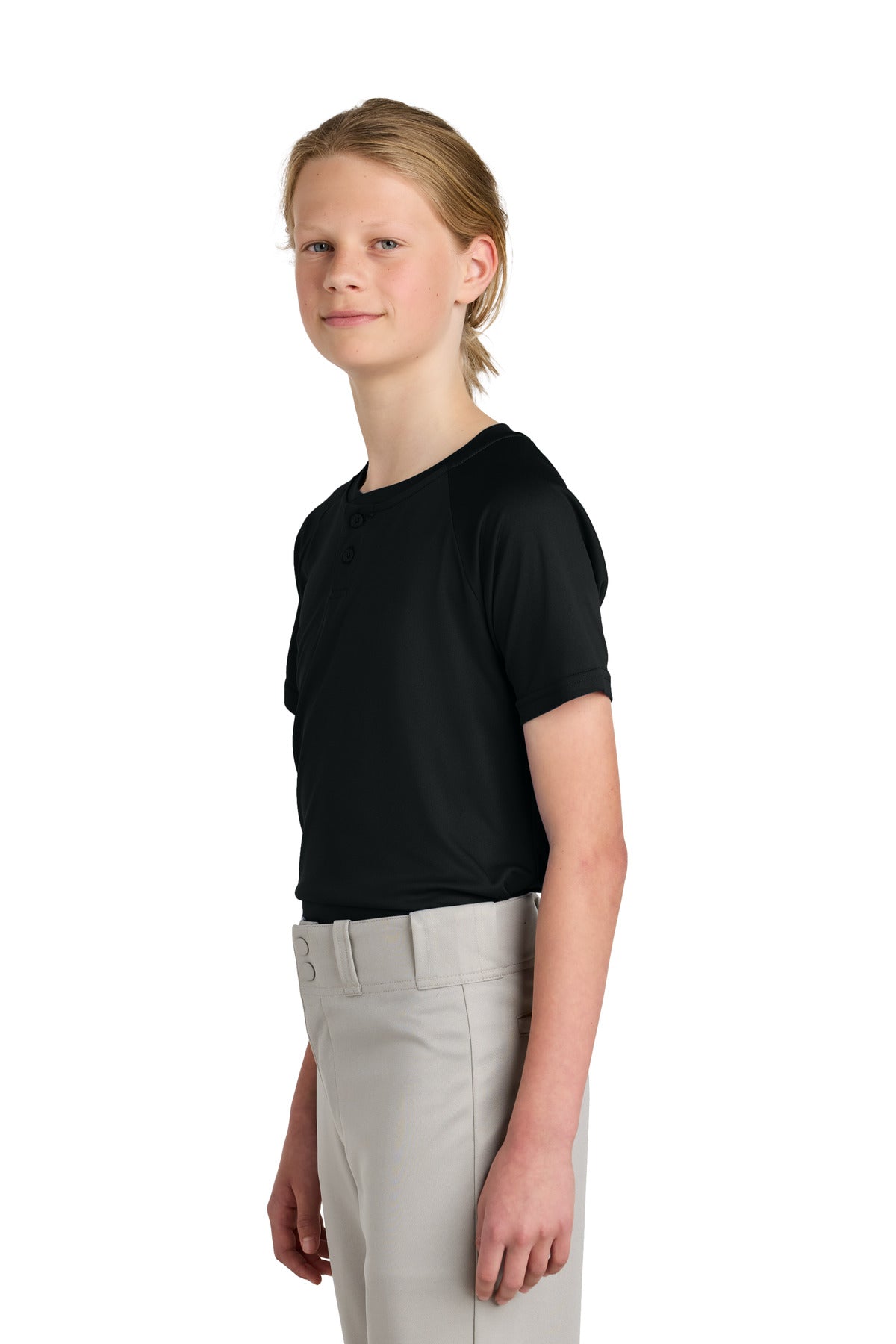 Black Sport-Tek Youth PosiCharge Competitor 2-Button Henley YST359 plain