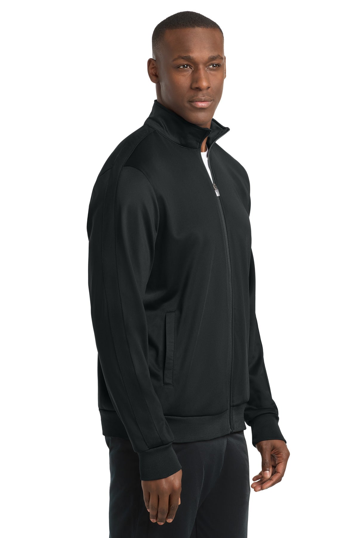 Black/Black Sport-Tek Tricot Sleeve Stripe Track Jacket. JST94 plain
