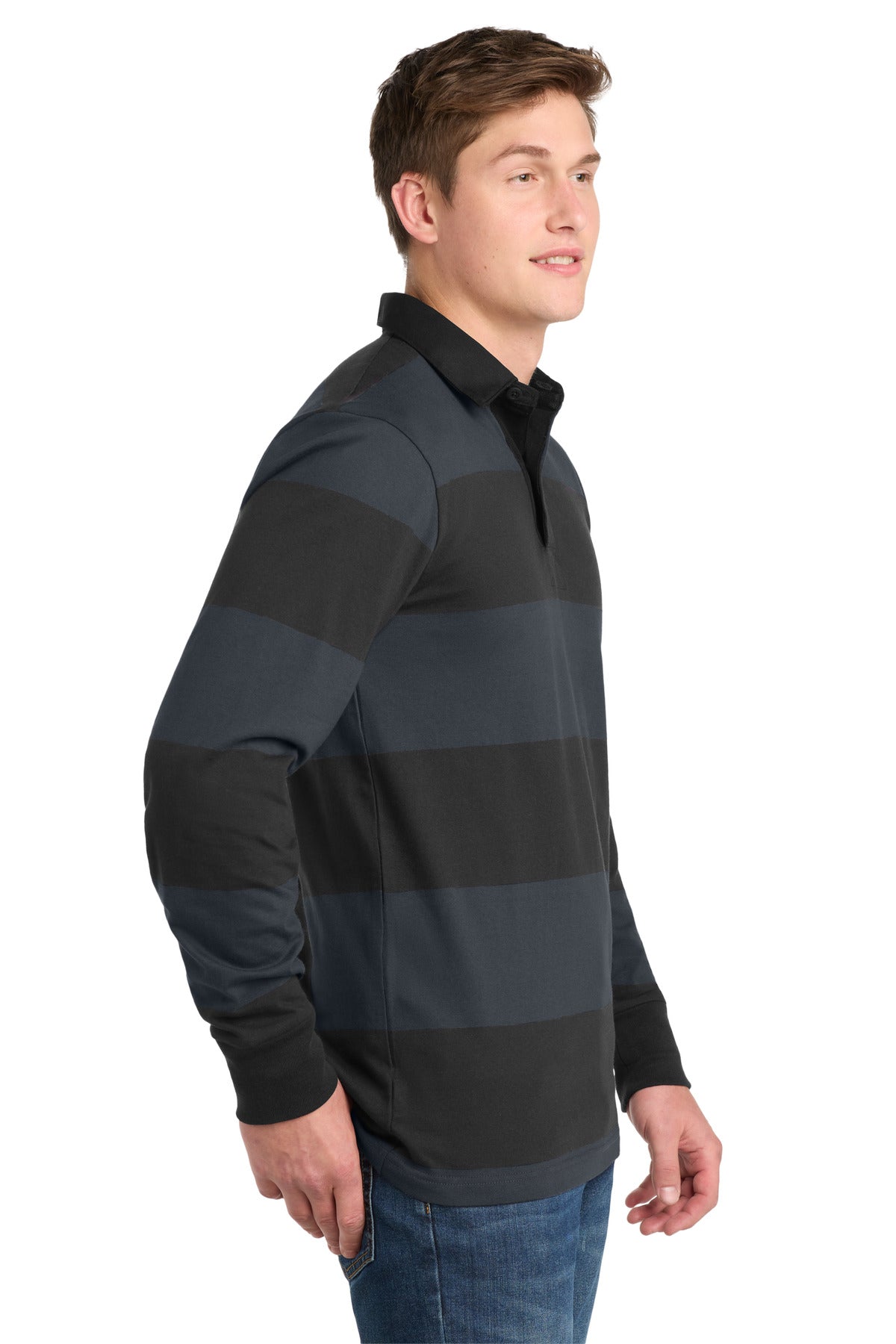 Black/Graph Gy Sport-Tek Classic Long Sleeve Rugby Polo. ST301 plain