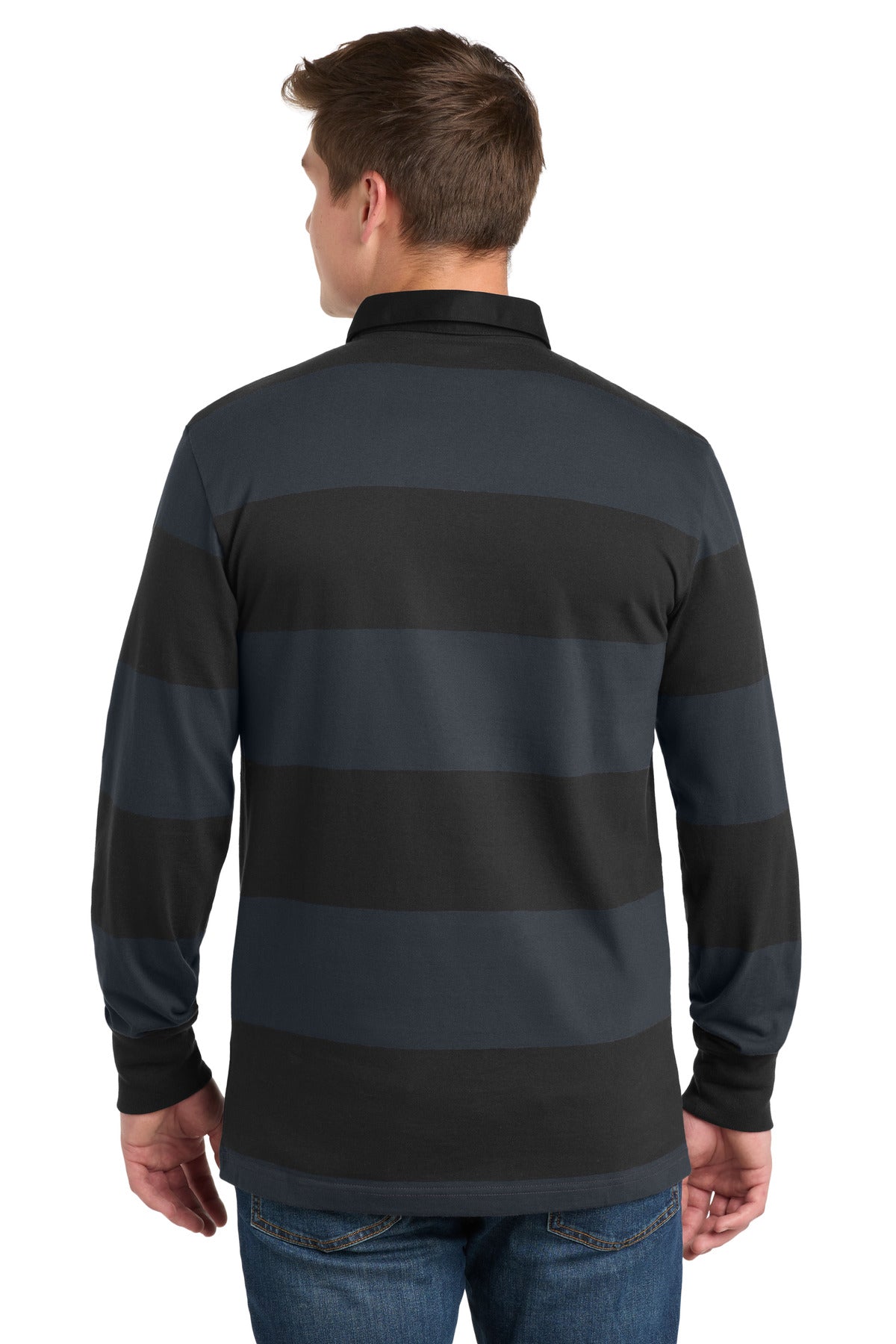 Black/Graph Gy Sport-Tek Classic Long Sleeve Rugby Polo. ST301 plain