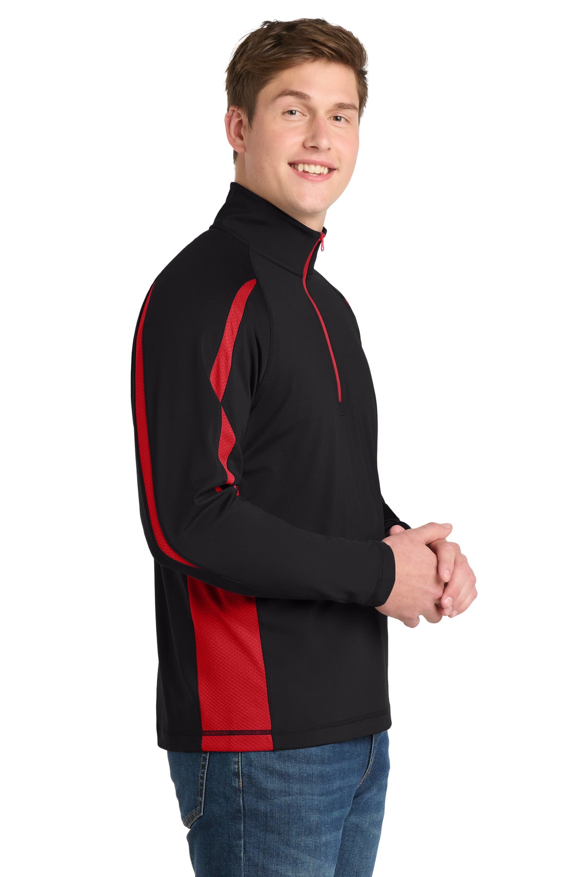 Black/True Red Sport-Tek Sport-Wick Stretch 1/4-Zip Colorblock Pullover. ST851 plain
