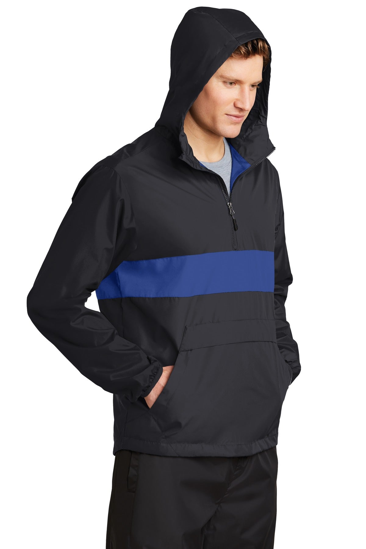 Black/True Roy Sport-Tek Zipped Pocket Anorak. JST65 plain