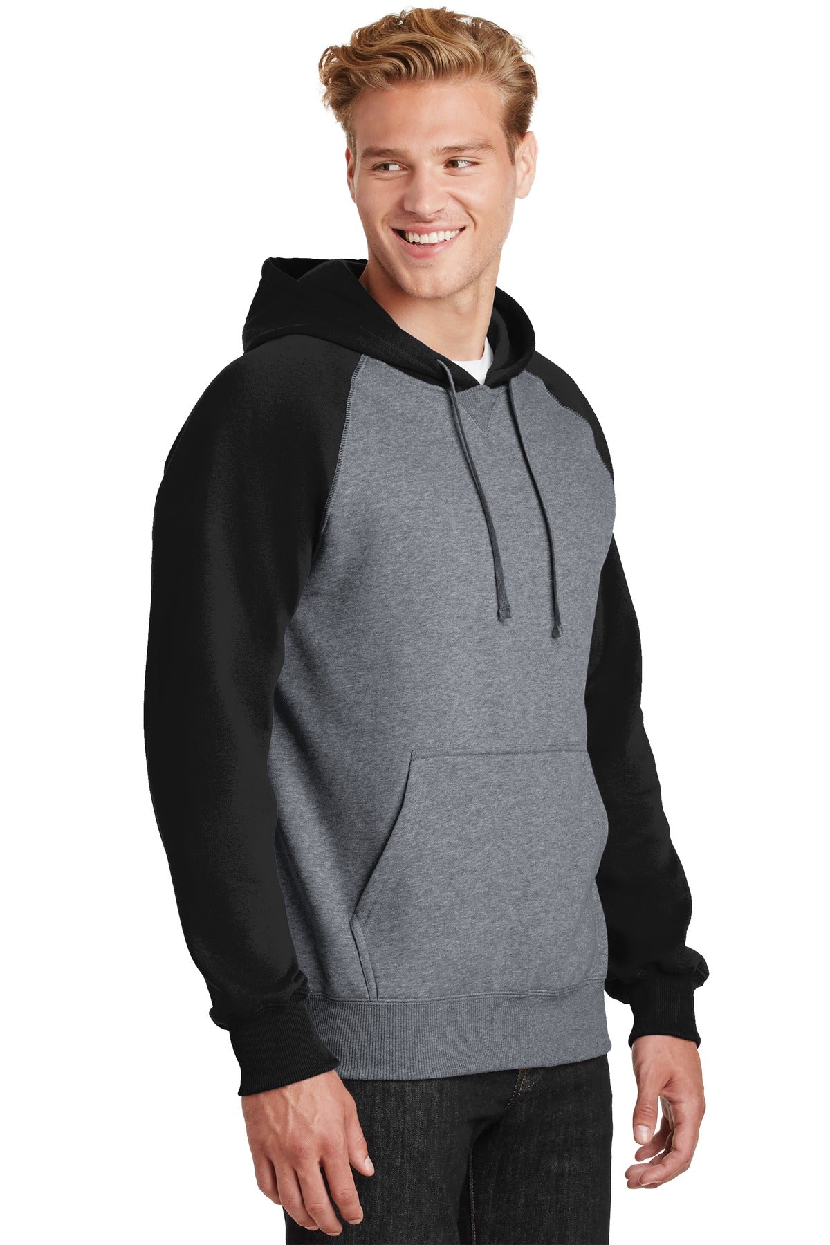Black/Vnt Hthr Sport-Tek Raglan Colorblock Pullover Hooded Sweatshirt. ST267 plain