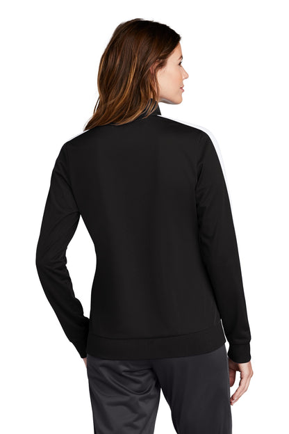Black/White Sport-Tek Ladies Tricot Sleeve Stripe Track Jacket. LST94 plain