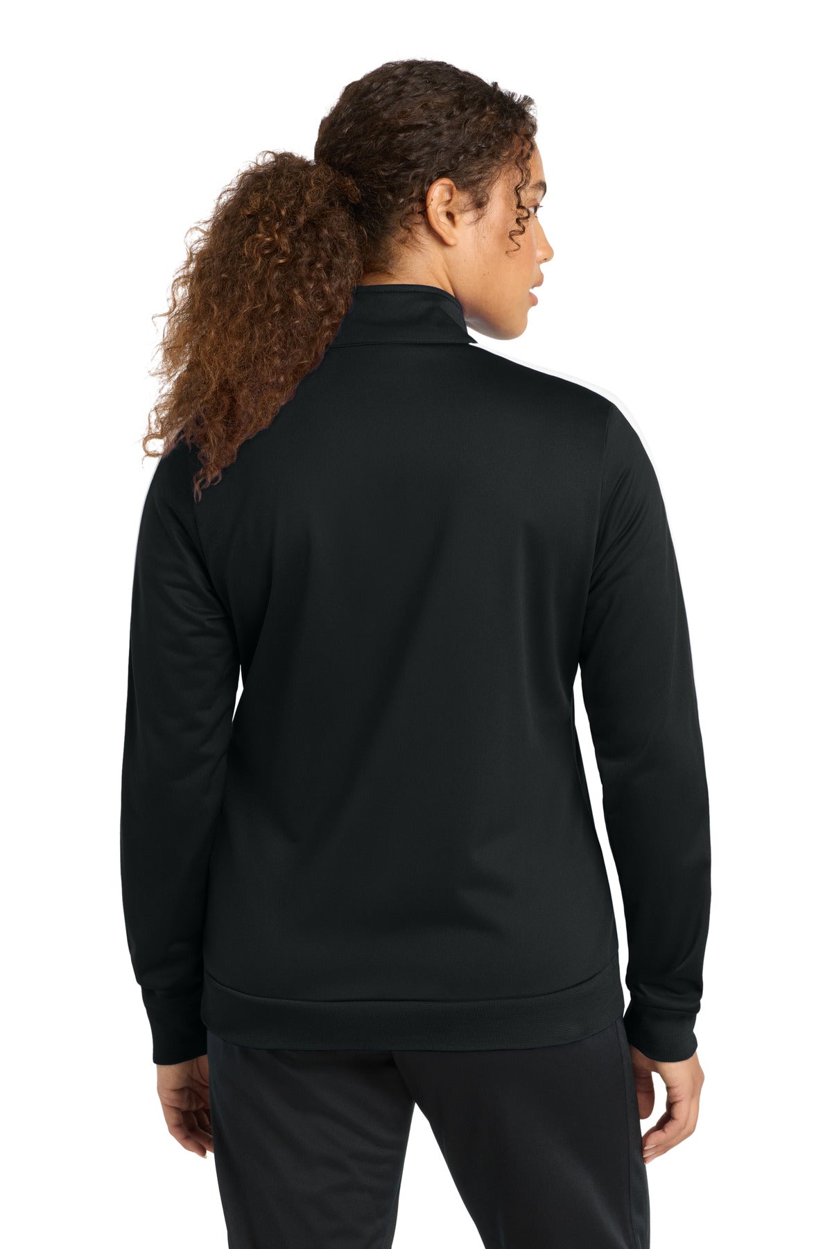 Black/White Sport-Tek Ladies Tricot Sleeve Stripe Track Jacket. LST94 plain