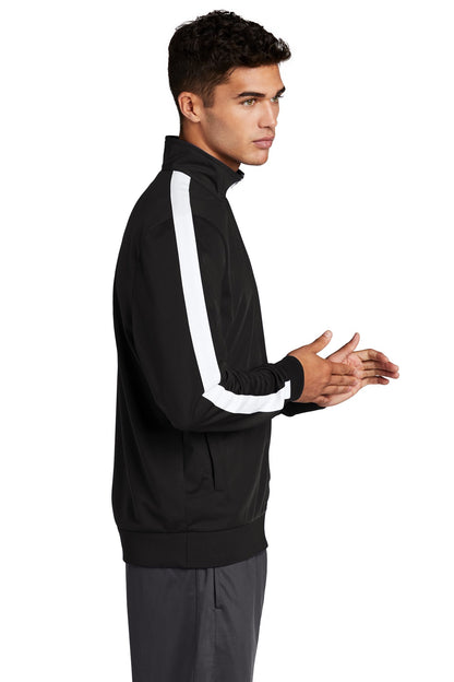 Black/White Sport-Tek Tricot Sleeve Stripe Track Jacket. JST94 plain