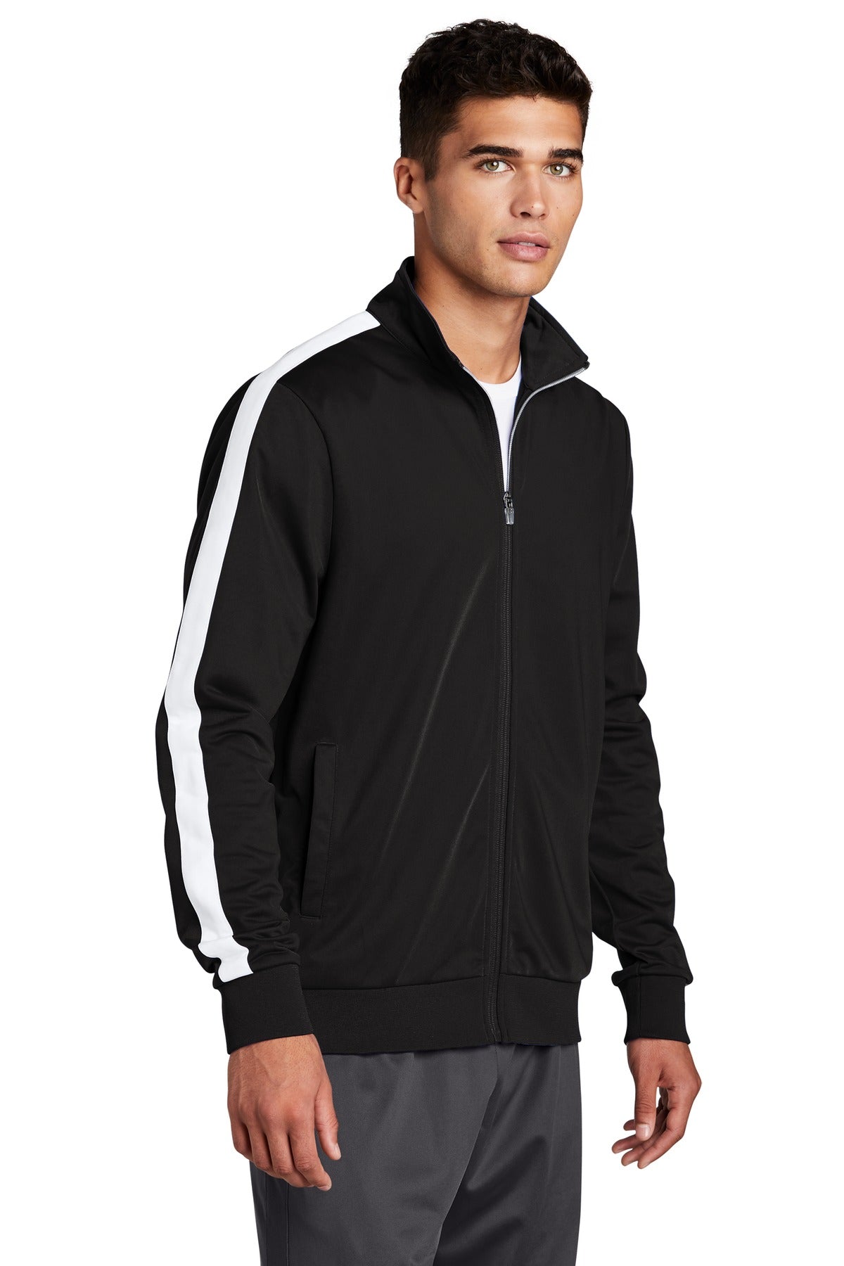 Black/White Sport-Tek Tricot Sleeve Stripe Track Jacket. JST94 plain