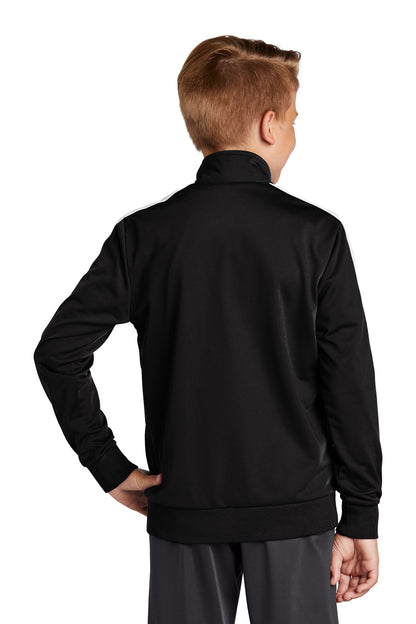 Black/White Sport-Tek Youth Tricot Sleeve Stripe Track Jacket. YST94 plain