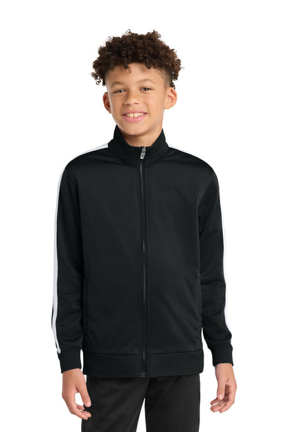 Black/White Sport-Tek Youth Tricot Sleeve Stripe Track Jacket. YST94 plain
