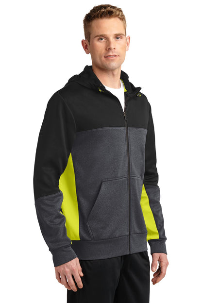 Blk/Gph/Citron Sport-Tek Tech Fleece Colorblock Full-Zip Hooded Jacket. ST245 plain
