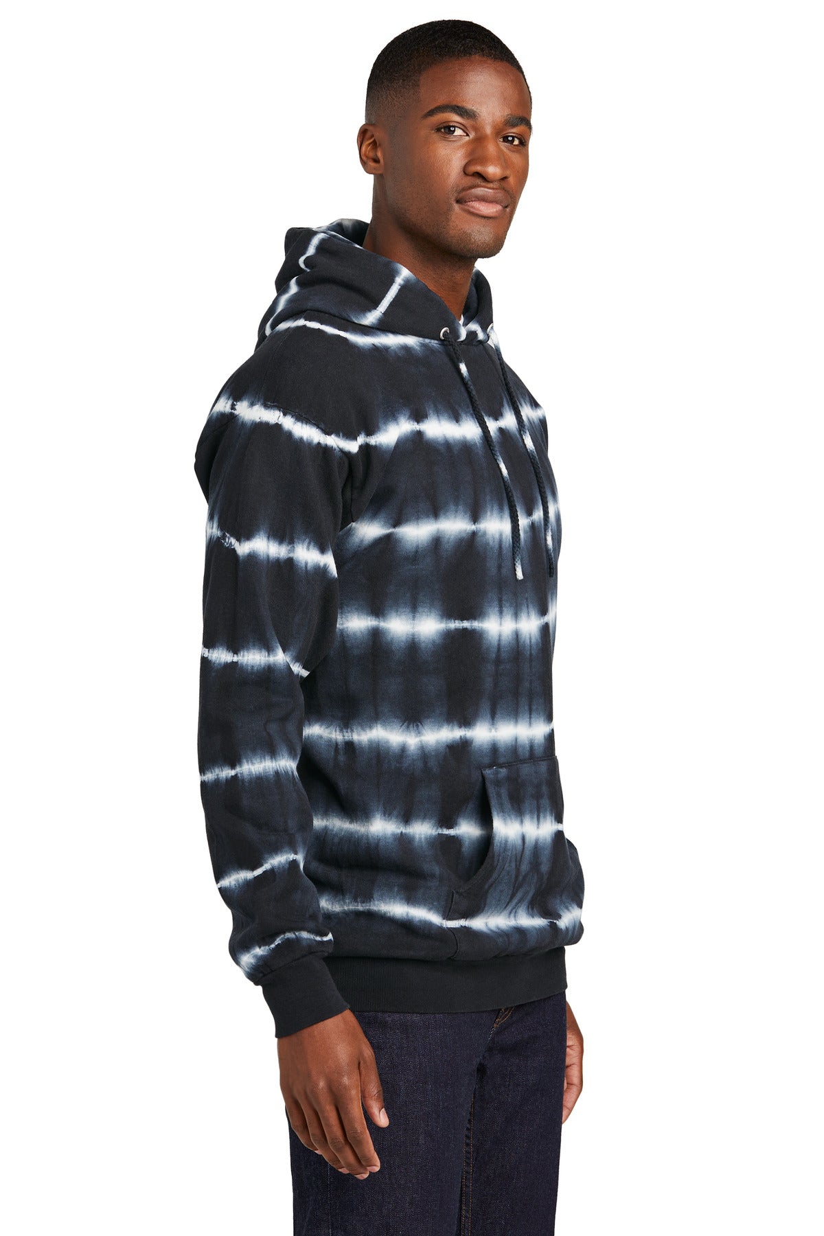 Blk/White Port & Co Allover Stripe Tie-Dye Fleece PC143 plain