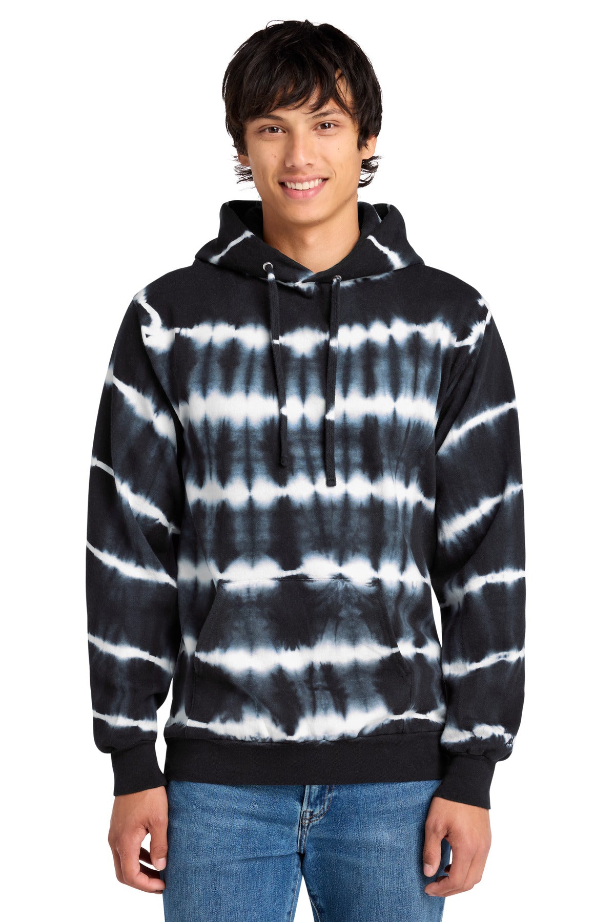 Blk/White Port & Co Allover Stripe Tie-Dye Fleece PC143