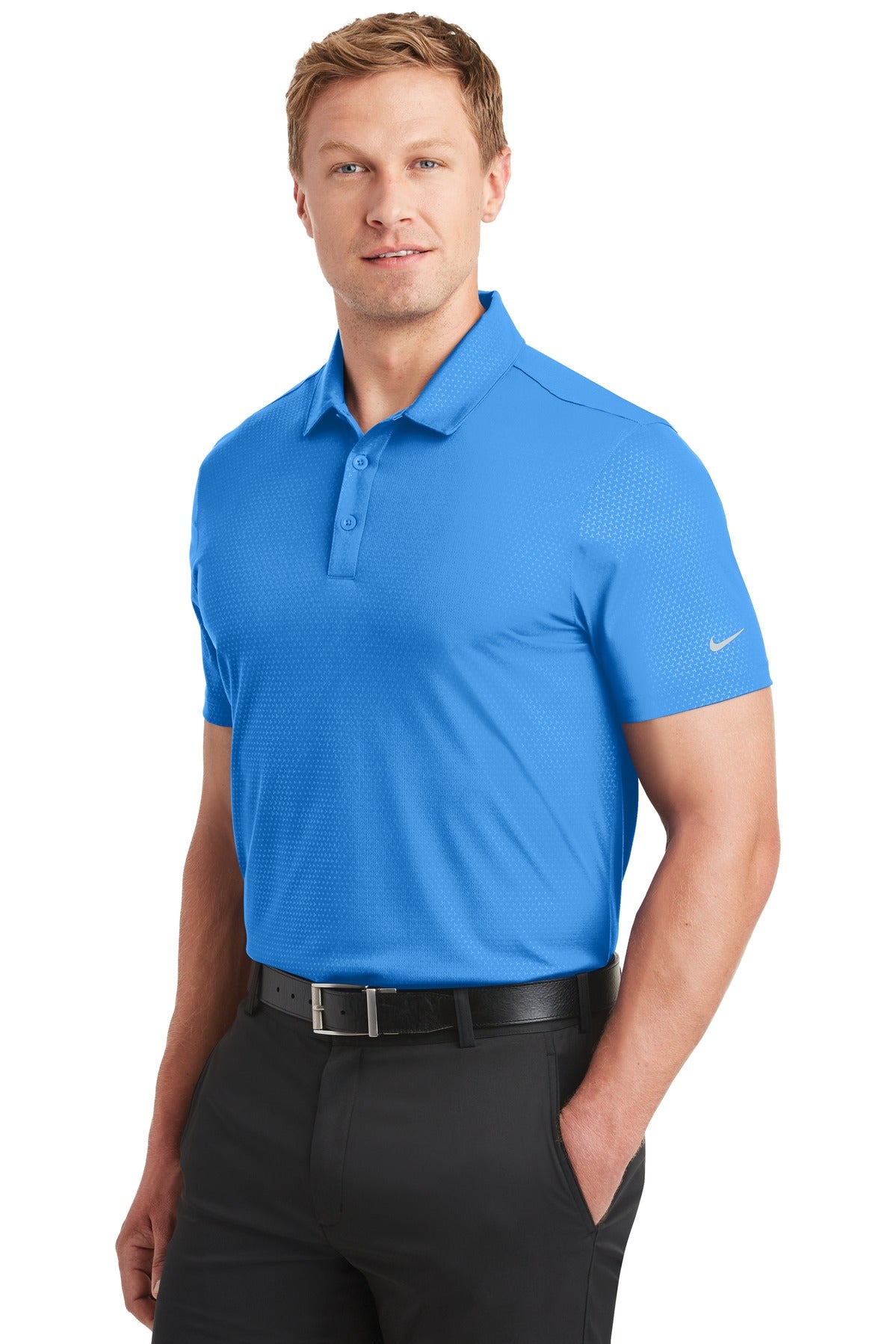 Brisk Blue Nike Dri-FIT Embossed Tri-Blade Polo. 838964 plain