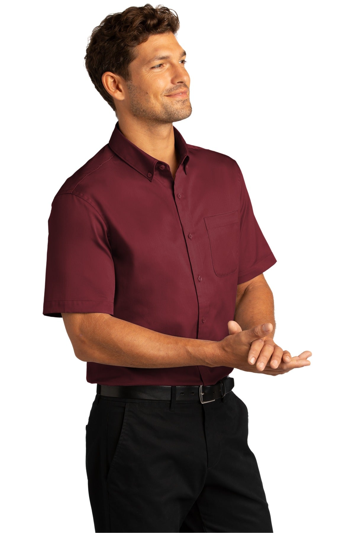 Burgundy Port Authority Short Sleeve SuperPro React Twill Shirt. W809 plain