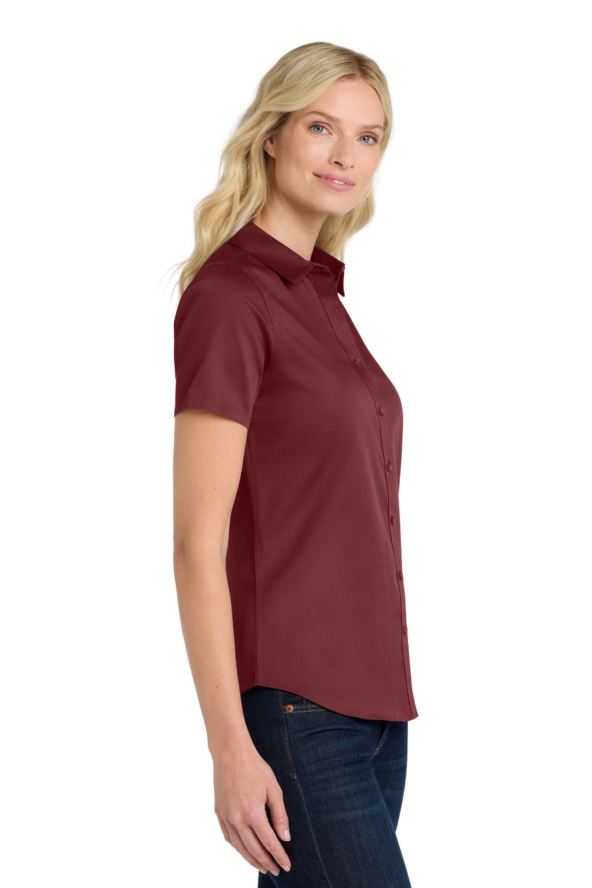Burgundy Port Authority Women's Short Sleeve SuperPro React Twill Shirt. LW809 plain