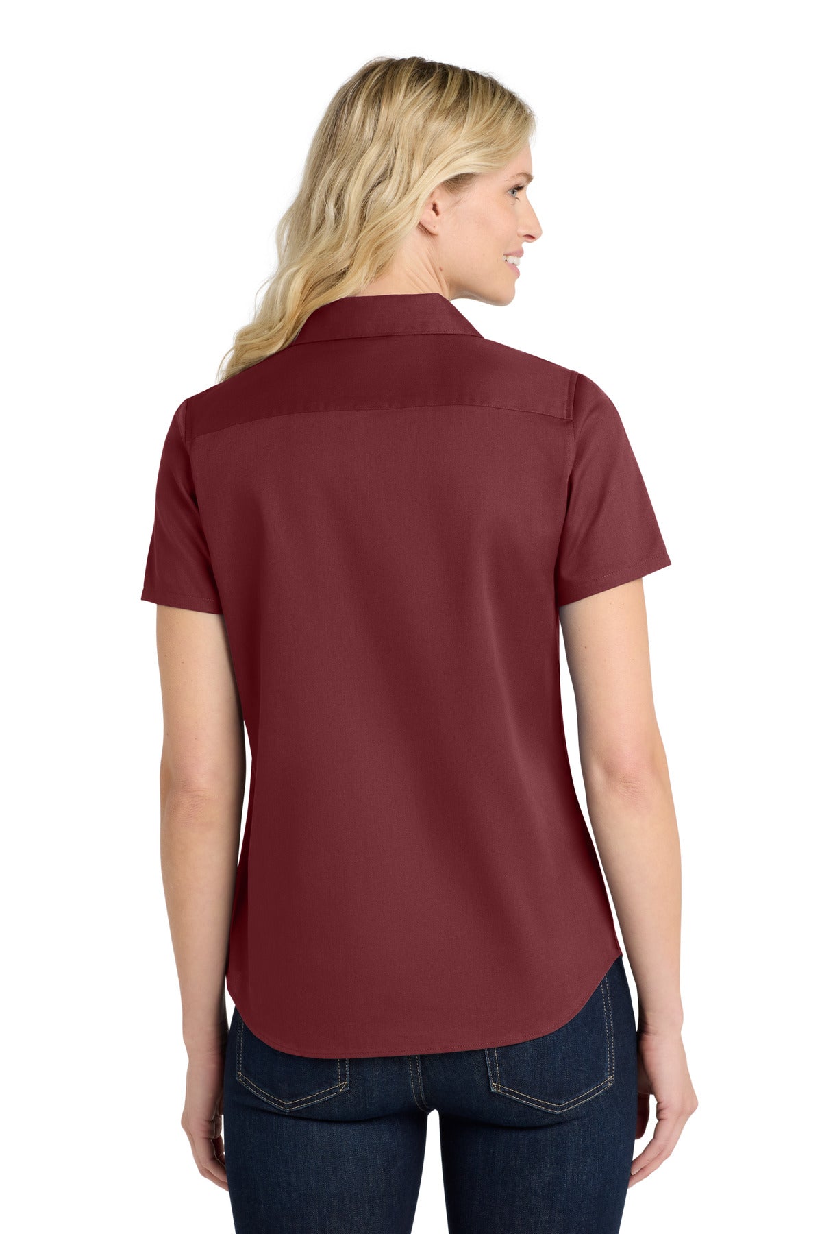 Burgundy Port Authority Women's Short Sleeve SuperPro React Twill Shirt. LW809 plain