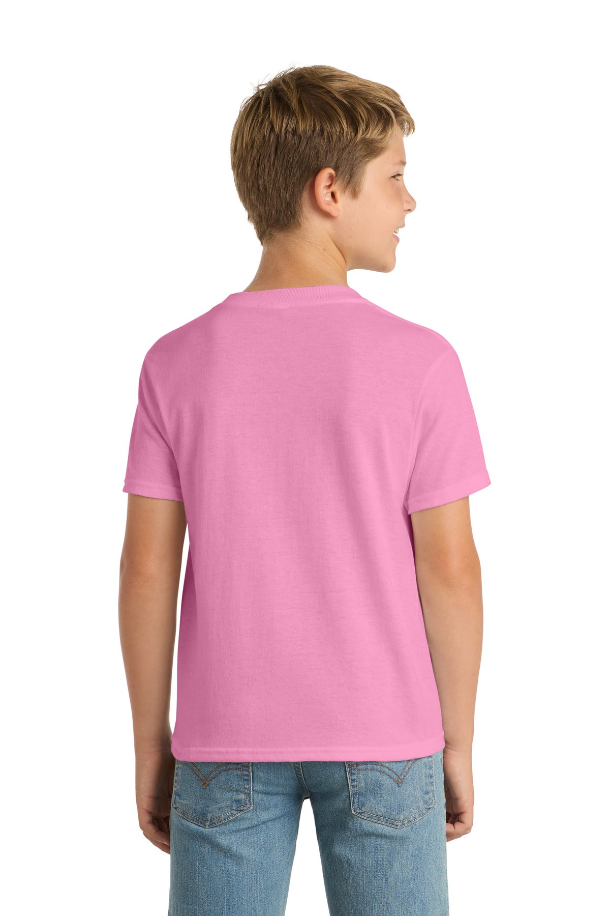 Candy Pink Port & Co Youth Core Blend Tee. PC55Y plain