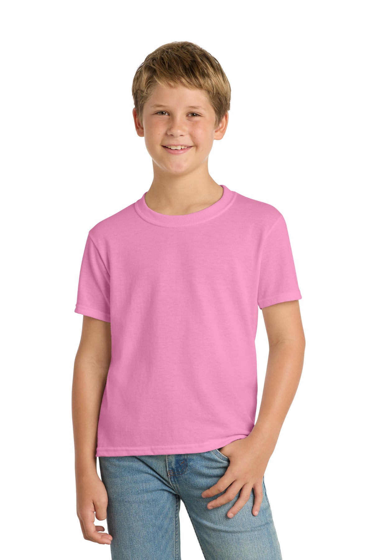 Candy Pink Port & Co Youth Core Blend Tee. PC55Y plain