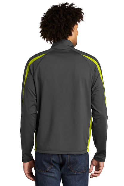 Char Gry/Green Sport-Tek Sport-Wick Stretch 1/4-Zip Colorblock Pullover. ST851 plain