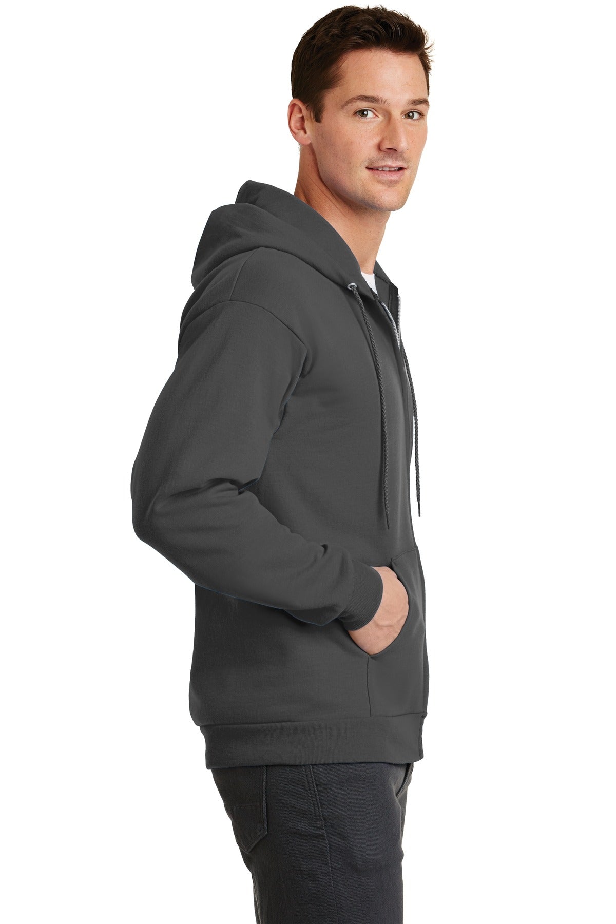 Charcoal Port & Co Core Fleece Full-Zip Hooded Sweatshirt. PC78ZH plain