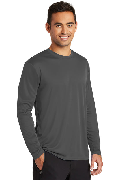 Charcoal Port & Co Long Sleeve Performance Tee. PC380LS plain